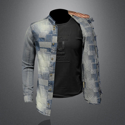 Camisa Denim Punk con Parches de Colores Retro para Hombre - Image 10