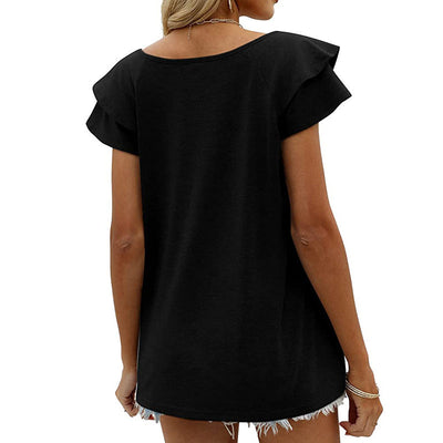 Blusa Cuello V Doble Capa Hoja de Loto Manga Corta para Dama - Image 25
