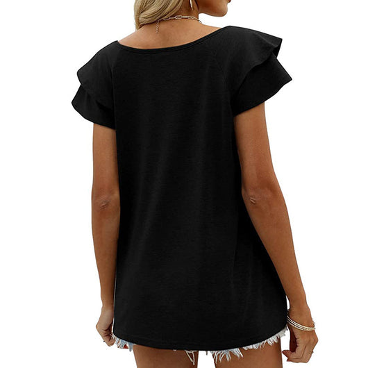 Blusa Cuello V Doble Capa Hoja de Loto Manga Corta para Dama - Image 25