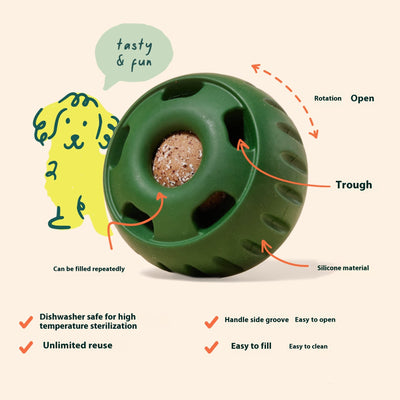 Green silicone treat-dispensing dog toy and yellow silicone slow feeder mat with four round compartments. - Image 4