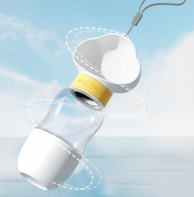 Yellow and clear portable pet water bottle with integrated drinking bowl and separate food container for walking dogs. - Image 26