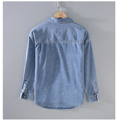Camisa Denim Retro Vintage Lavado Doble para Hombre - Manga Larga Tono Claro - Image 10