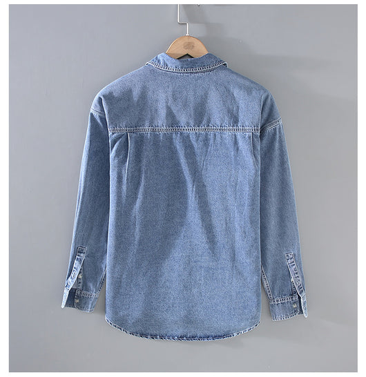 Camisa Denim Retro Vintage Lavado Doble para Hombre - Manga Larga Tono Claro - Image 10