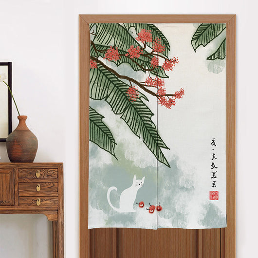 Chinese style fabric door curtain with cherry blossoms, colorful lanterns, and a white cat walking on a beige background. - Image 16