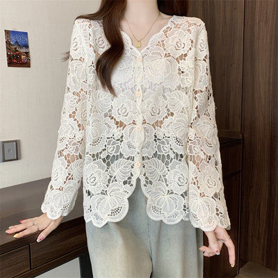Blusa Larga de Encaje Calado con Mangas Largas para Mujer - Image 8