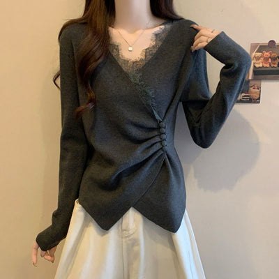 Blusa Manga Larga con Encaje Irregular y Escote en V