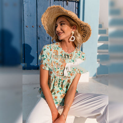 Blusa Casual para Mujer con Encaje Estampado y Flecos - Image 3
