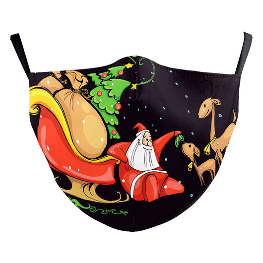 Black dustproof face mask with a digital print of Santa Claus and two reindeer in a snowy forest scene. - Image 9