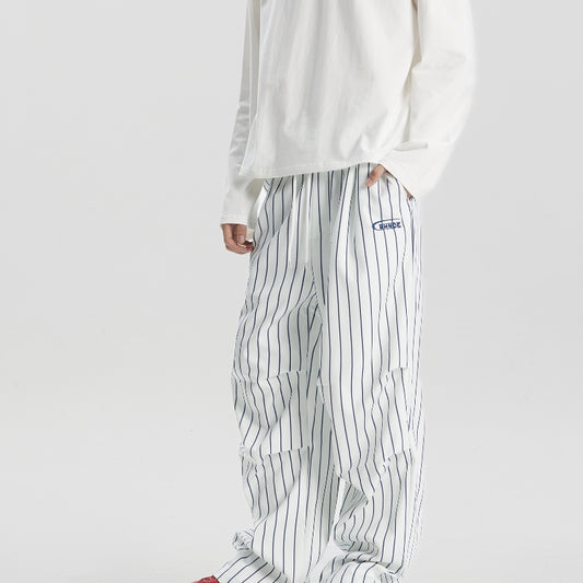 Pantalones Casuales Estilo Retro Americano a Rayas, Corte Recto y Pierna Ancha