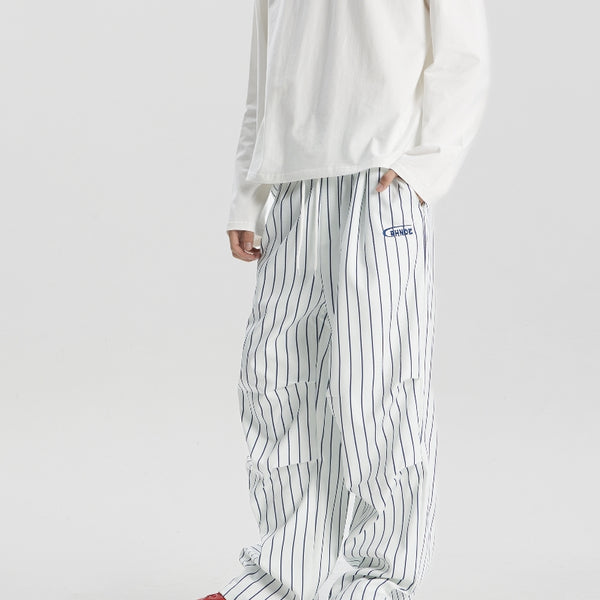 Pantalones Casuales Estilo Retro Americano a Rayas, Corte Recto y Pierna Ancha