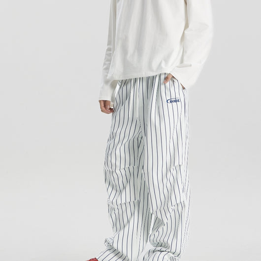 Pantalones Casuales Estilo Retro Americano a Rayas, Corte Recto y Pierna Ancha