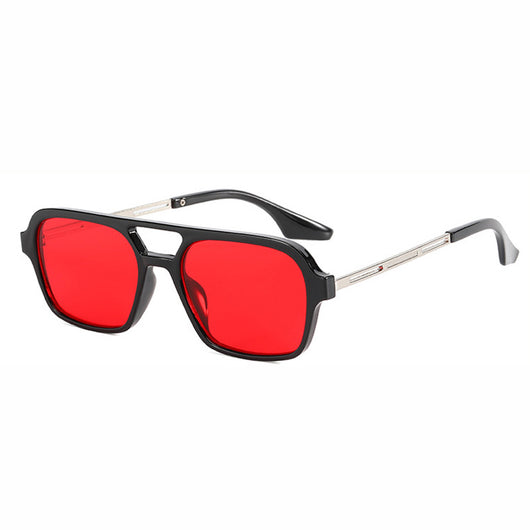 Retro black frame sunglasses with pink square lenses and a double bridge, featuring silver-colored temple accents. - Image 8