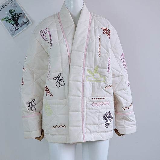 Kimono Casual Versátil con Bordado de Frutas y Cuello en V - Image 15