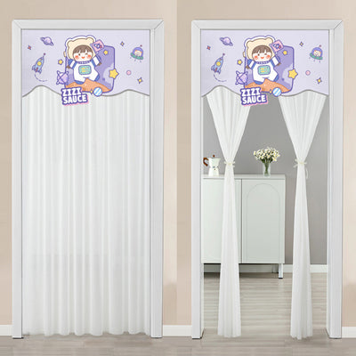 Double-layer blackout doorway curtain with a light blue top featuring a cartoon bear and "LUCK DAY!" text. - Image 13