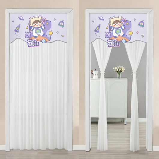 Double-layer blackout doorway curtain with a light blue top featuring a cartoon bear and "LUCK DAY!" text. - Image 13