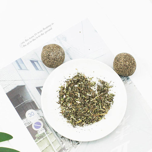 A hand holds a spherical catnip ball made of dried mint leaves and stems, light green and brown in color. - Image 8