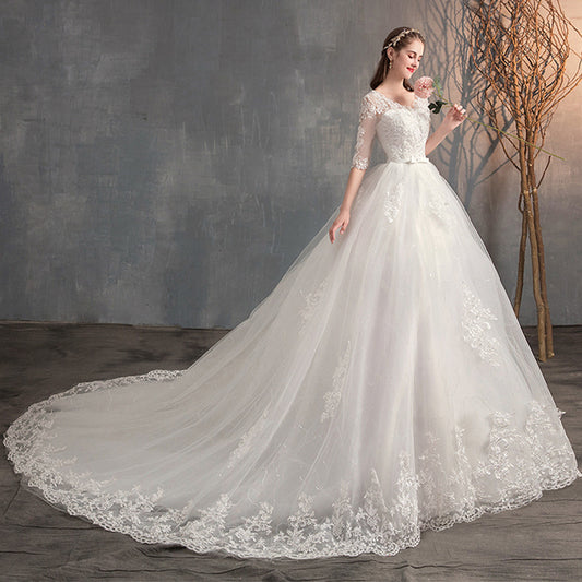 Vestido de Novia con Escote en V, Encaje y Manga Larga