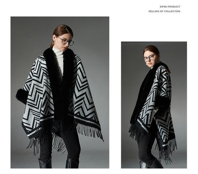 Chal Elegante con Cuello de Piel Jacquard Negro y Gris - Image 13