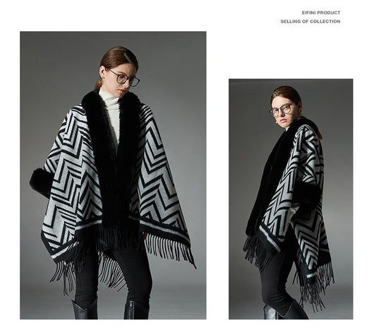 Chal Elegante con Cuello de Piel Jacquard Negro y Gris - Image 13