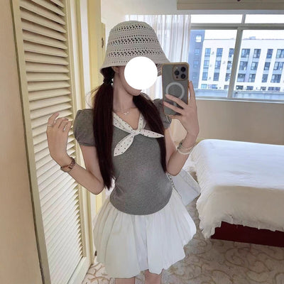Blusa Coreana Lunares con Moño Ajustada Manga Corta Reductora - Image 3