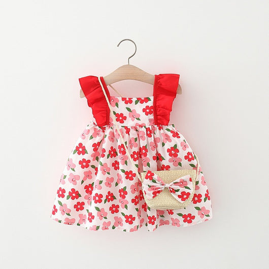 Vestido para Niña con Mangas Volantes + Bolsa Canasta de Bambú - Image 7