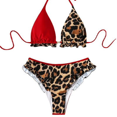 Red and leopard print colorblock bikini set with ruffled edges and high-cut bottoms. - Image 9