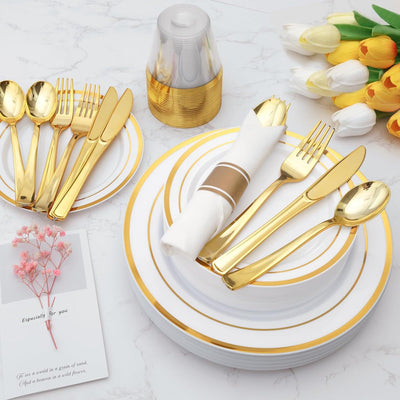 Juego de Vajilla Desechable Premium con Copa, Cubiertos y Plato Calado