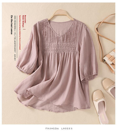 Blusa Suelta de Algodón y Lino con Cuello V - Image 33
