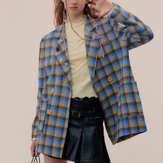 Blazer Casual para Mujer con Cuadros Azul y Amarillo - Image 9