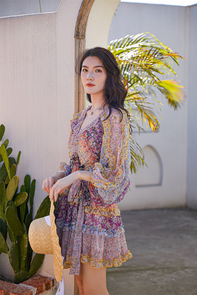 Vestido Largo Floral con Cintura Ajustada y Mangas Farol - Image 17