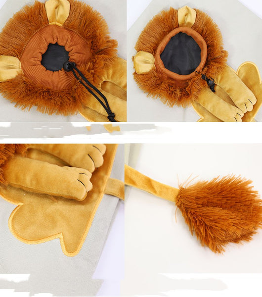 Grey soft pet carrier with a lion design, featuring a plush mane, ears, paws, and tail, and a drawstring opening. - Image 9