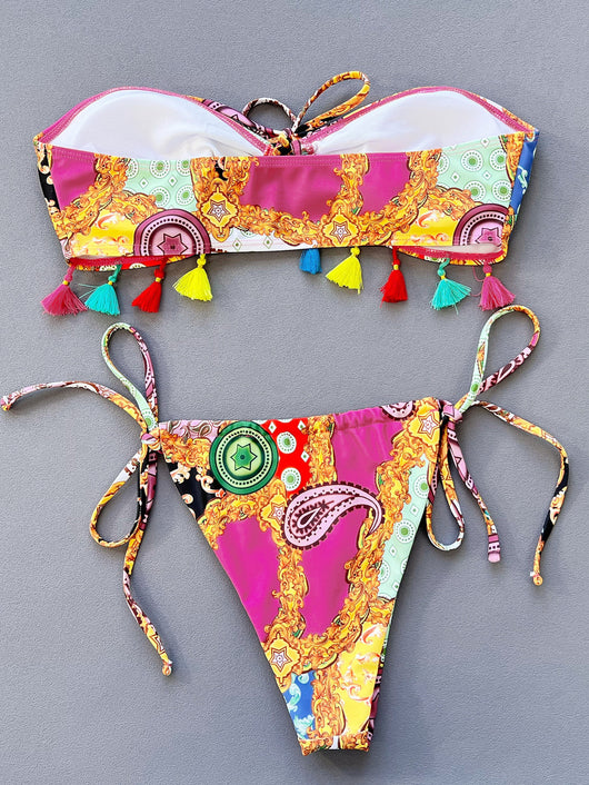 Women's separated tube top bikini with vibrant baroque and paisley print, colorful tassels, and tie-side bottoms. - Image 11