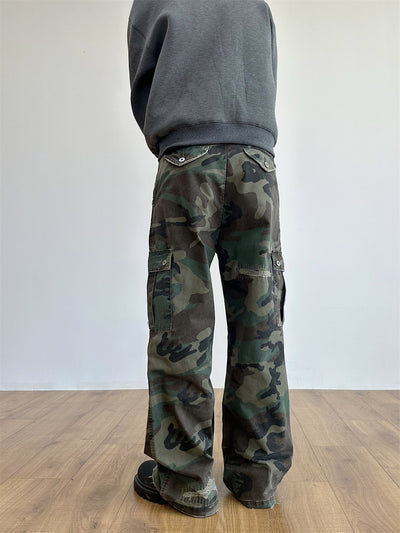 Pantalones Cargo Militares Desgastados con Bordados y Corte Recto Holgado - Image 2