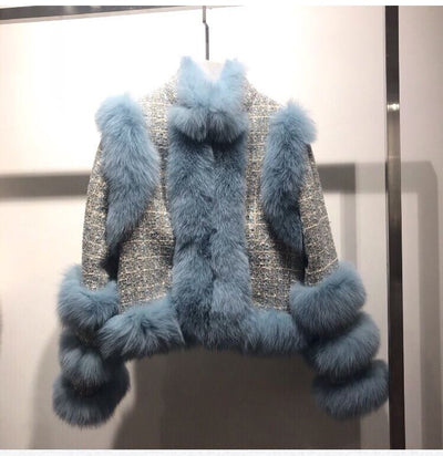 Abrigo Corto Mujer Tweed con Detalles de Piel de Zorro - Invierno