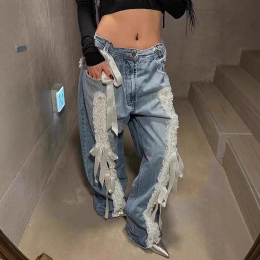 Jeans Retro Vintage para Mujer con Encaje y Cordones