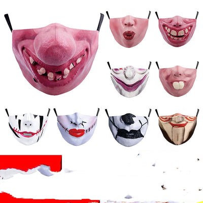 Halloween funny face mask with a digital print of a nose and two large buck teeth, featuring black ear loops.