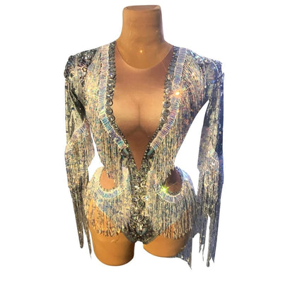 Traje de Presentación con Lentejuelas y Flecos Elástico para Cantantes - Image 3