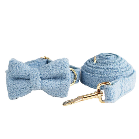 Light blue teddy bear textured dog collar and matching leash set with gold-colored hardware. - Image 5