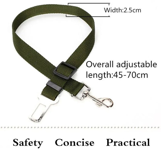 Pink adjustable dog car seat belt with a metal seatbelt buckle and a silver swivel snap hook.
