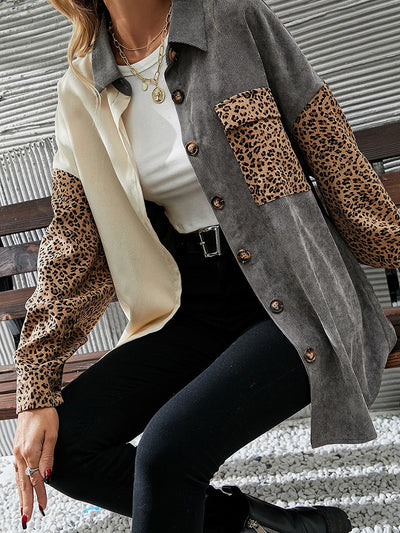Suéter de Corduroy con Parches de Leopardo y Bloques de Color Gris - Image 2