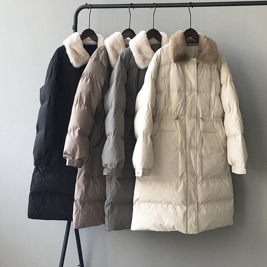 Chaqueta Larga de Algodón con Cuello de Piel de Conejo y Cintura Ajustable