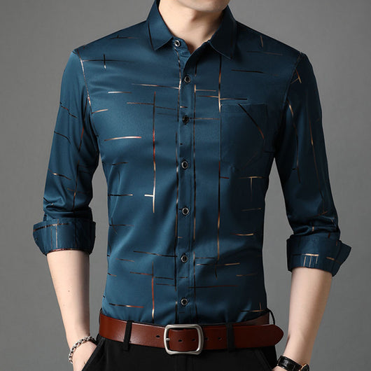 Camisa Slim Fit de Hombre con Cuello Solapa y Rayas Manga Larga - Image 5
