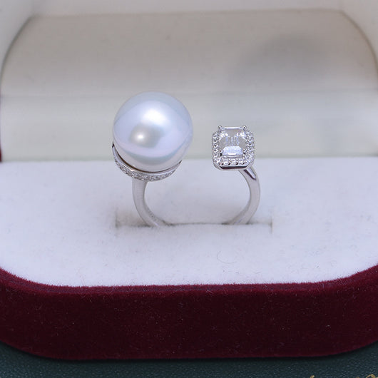 Anillo de Perla de Agua Dulce Blanca 12-13mm Plata 925 Estilo Cubo de Azúcar Ajustable - Image 6
