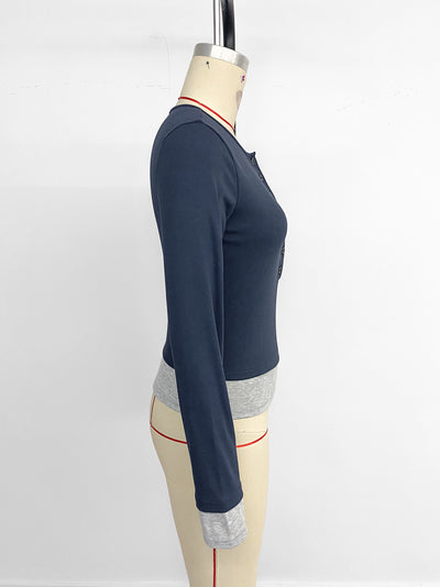 Blusa Casual Cuello Redondo Ajustada Manga Larga Efecto Dos Piezas para Mujer - Image 7
