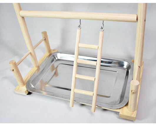 Wooden bird play stand with multiple perches, two hanging ladders, and a removable stainless steel tray. - Image 8