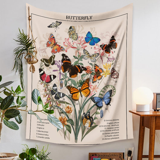 European retro mushroom tapestry with a starry night sky, crescent moon, butterflies, and various colorful fungi and plants. - Image 13
