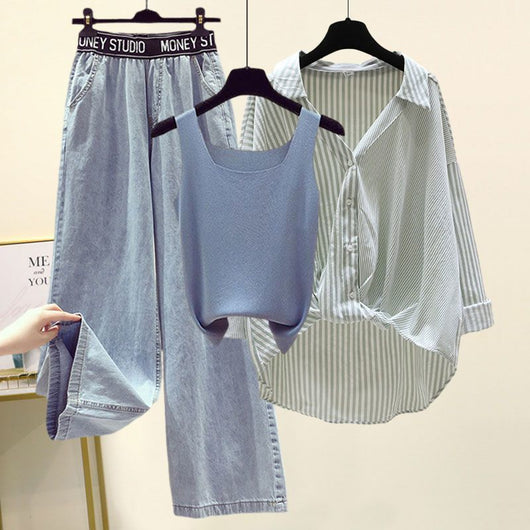 Conjunto de 3 Piezas: Camisa a Rayas, Blusa y Jeans Anchos - Image 4