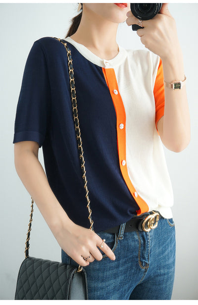 Blusa Fresca de Bloques de Color con Cuello en V - Image 9