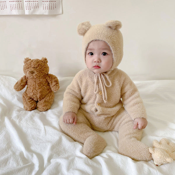 Pijama Enterizo de Bebé en Felpa Mink con Patrón Osito y Pies Cerrados