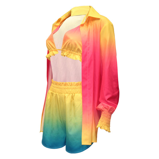 Women's three-piece beachwear set with neon yellow bikini top, floral print long-sleeve shirt, and matching shorts. - Image 13